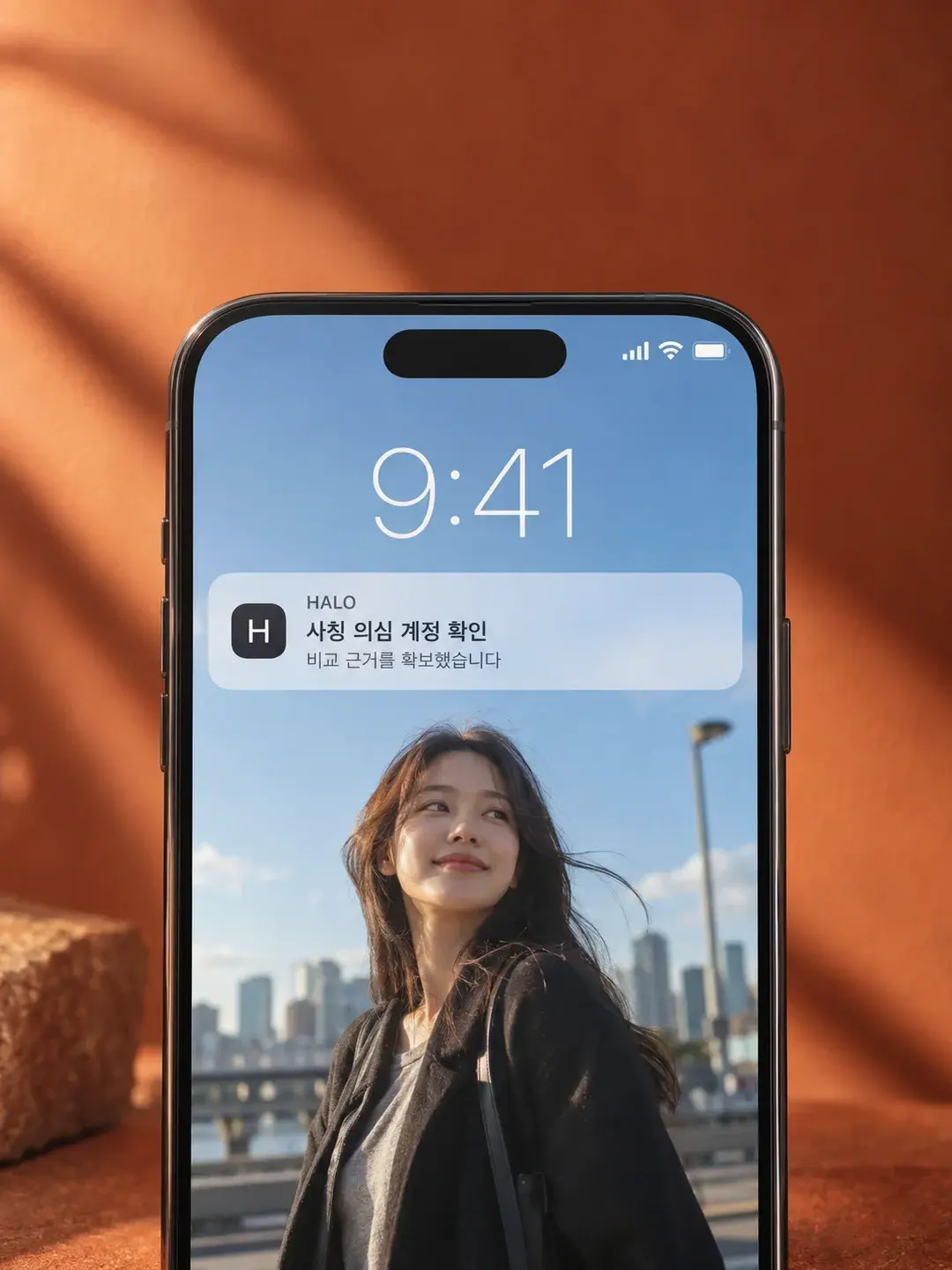 따뜻한 주황색 배경의 휴대폰에 표시된 Halo 사칭 의심 계정 알림 예시