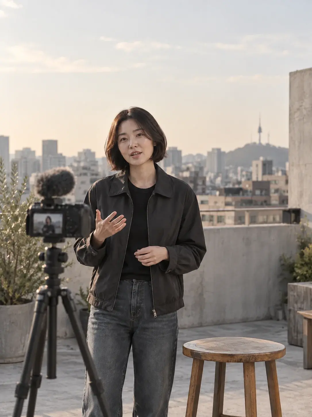 옥상 테라스에서 카메라를 보며 콘텐츠를 촬영하는 크리에이터